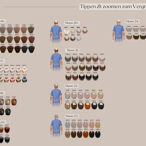 May include: A beige graphic with illustrations of men's backs wearing blue shirts, each with a selection of hairstyles. The text "Tippen & zoomen zum Vergr&ouml;&szlig;ern" is at the top. The image is divided into sections labeled "Mann" followed by a number.