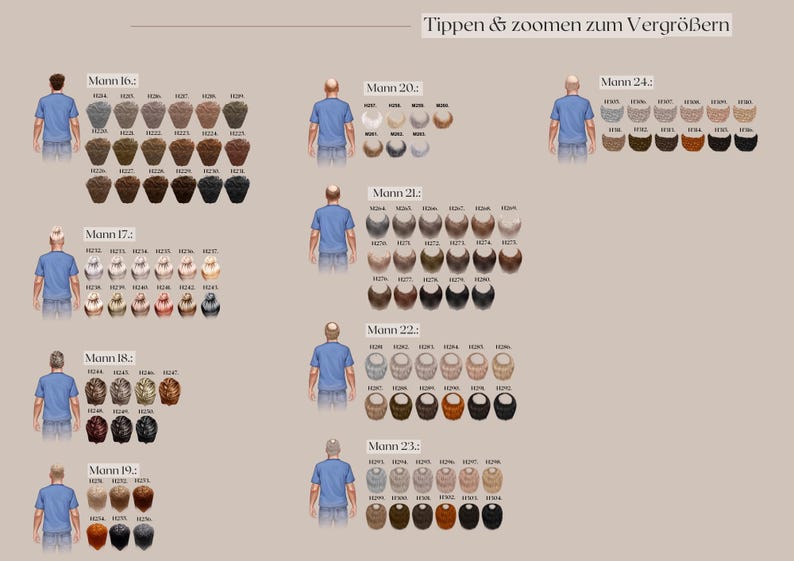 May include: A beige graphic with illustrations of men's backs wearing blue shirts, each with a selection of hairstyles. The text "Tippen & zoomen zum Vergr&ouml;&szlig;ern" is at the top. The image is divided into sections labeled "Mann" followed by a number.
