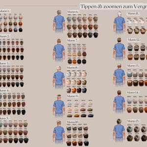 May include: A beige chart displays illustrations of men in blue shirts with various hairstyles and hair colors. The text "Tippen & zoomen zum Vergr&ouml;&szlig;ern" is at the top. Each illustration is labeled with a number and the word "Mann".