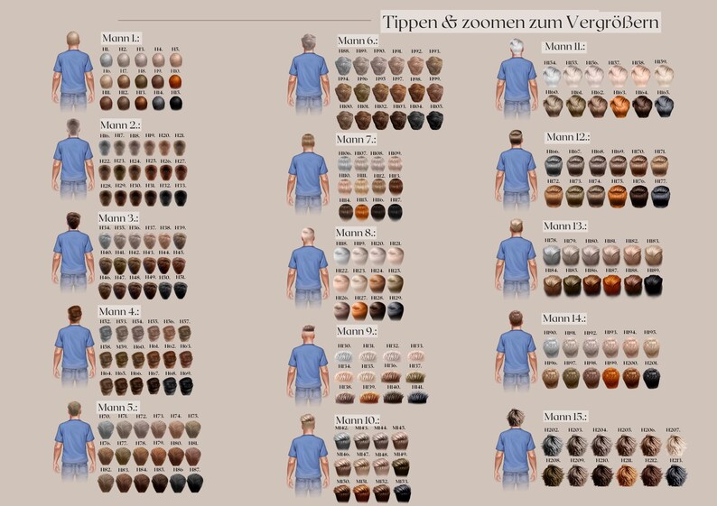 May include: A beige chart displays illustrations of men in blue shirts with various hairstyles and hair colors. The text "Tippen & zoomen zum Vergr&ouml;&szlig;ern" is at the top. Each illustration is labeled with a number and the word "Mann".