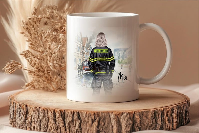 May include: White ceramic mug featuring a firefighter illustration. The design shows a firefighter in uniform with the word "FEUERWEHR" on the jacket. The mug has a handle and the name "Mia" is written on the side.