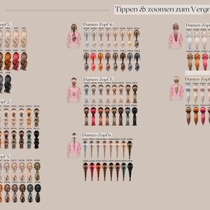 May include: A collection of illustrations showcasing various hairstyles, including braids and ponytails, with diverse hair colors. Each illustration features a figure with a pink top, with text in German. The image is set against a neutral background.