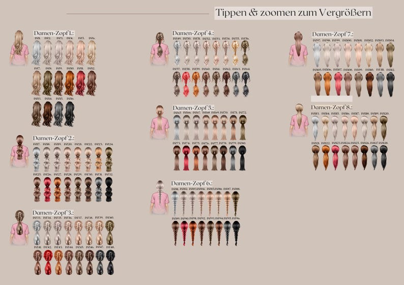 May include: A collection of illustrations showcasing various hairstyles, including braids and ponytails, with diverse hair colors. Each illustration features a figure with a pink top, with text in German. The image is set against a neutral background.