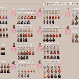 May include: A beige graphic with illustrations of women with various hairstyles and hair colors. The image is divided into sections labeled with German text. The text "Tippen & zoomen zum Vergr&ouml;&szlig;ern" is at the top.