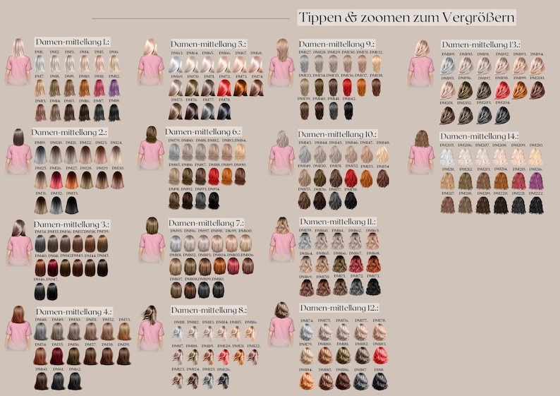 May include: A beige graphic with illustrations of women with various hairstyles and hair colors. The image is divided into sections labeled with German text. The text "Tippen & zoomen zum Vergr&ouml;&szlig;ern" is at the top.