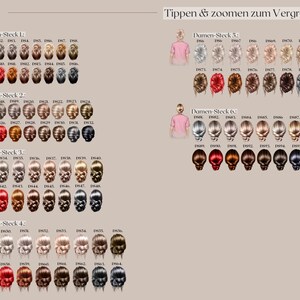 May include: A selection of illustrations showcasing various hairstyles and hair colors, arranged in rows. Each illustration features a figure in a pink shirt, with the text "Damen-Steck" and numbers indicating different hair options. The image includes the text "Tippen & zoom zum Vergr&ouml;&szlig;ern".