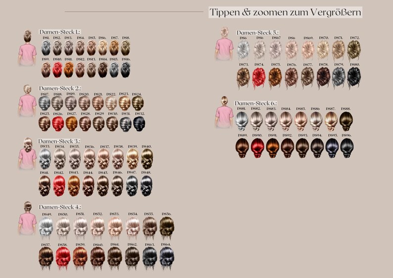 May include: A selection of illustrations showcasing various hairstyles and hair colors, arranged in rows. Each illustration features a figure in a pink shirt, with the text "Damen-Steck" and numbers indicating different hair options. The image includes the text "Tippen & zoom zum Vergr&ouml;&szlig;ern".