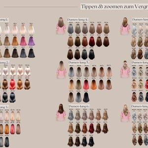May include: A chart displaying various long hairstyles with different hair colors. The image includes text in German, with the phrase "Tippen & zoomen zum Vergr&ouml;&szlig;ern" at the top. The hairstyles are arranged in rows and columns, showcasing a range of shades.