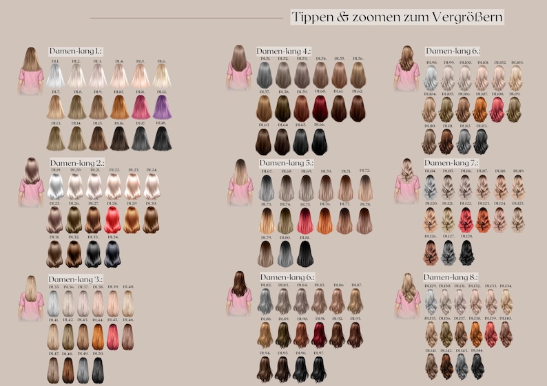 May include: A chart displaying various long hairstyles with different hair colors. The image includes text in German, with the phrase "Tippen & zoomen zum Vergr&ouml;&szlig;ern" at the top. The hairstyles are arranged in rows and columns, showcasing a range of shades.