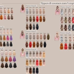 May include: A beige graphic with illustrations of women with various hairstyles and hair colors. The text "Tippen & zoomen zum Vergr&ouml;&szlig;ern" is at the top. The image is divided into sections labeled "Damen-lang" followed by numbers.