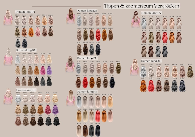 May include: A beige graphic with illustrations of women with various hairstyles and hair colors. The text "Tippen & zoomen zum Vergr&ouml;&szlig;ern" is at the top. The image is divided into sections labeled "Damen-lang" followed by numbers.