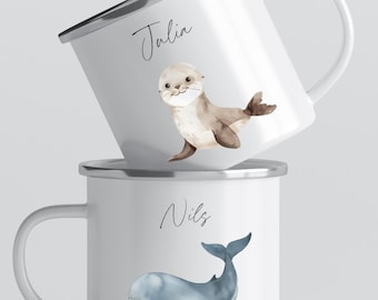 Taza infantil personalizada con nombre | Taza esmaltada con animales submarinos | Regalo de cumpleaños para niño o niña | Taza infantil irrompible