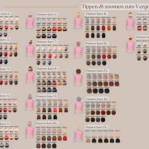 May include: A digital illustration featuring a series of female figures in pink shirts, each with a variety of hairstyles and hair colors. The image includes text in German, with the words "Tippen & zoomen zum Vergr&ouml;&szlig;ern."