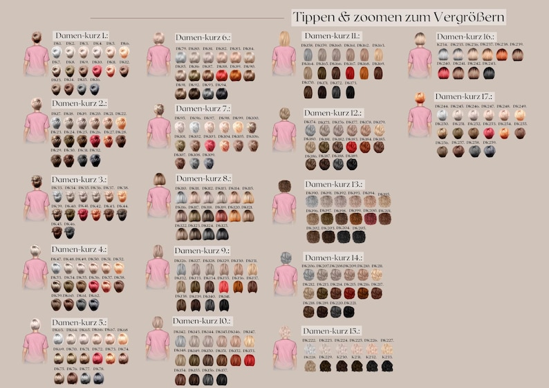 May include: A digital illustration featuring a series of female figures in pink shirts, each with a variety of hairstyles and hair colors. The image includes text in German, with the words "Tippen & zoomen zum Vergr&ouml;&szlig;ern."