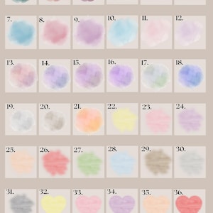 May include: A color chart labeled "Hintergrund:" with 42 watercolor swatches. The swatches are various colors, including blues, pinks, purples, greens, yellows, and browns. Some swatches are heart-shaped.