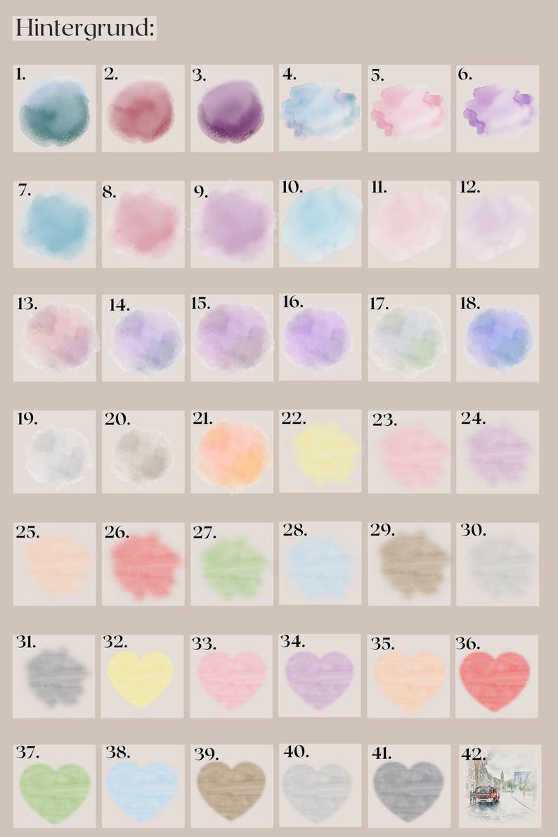 May include: A color chart labeled "Hintergrund:" with 42 watercolor swatches. The swatches are various colors, including blues, pinks, purples, greens, yellows, and browns. Some swatches are heart-shaped.