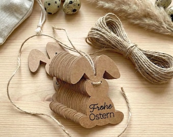 Geschenkanhänger Frohe Ostern Set 10, 25, 50 oder 100 Stück Braun Kraftpapier, Hase Etiketten mit Juteband, Verpackung Anhänger für Geschenk