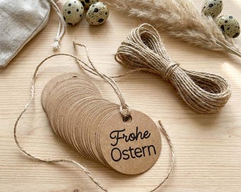 Geschenkanhänger Frohe Ostern Set 10, 25, 50 oder 100 Stück Braun Kraftpapier, Etiketten Rund mit Juteband, Verpackung Anhänger für Geschenk
