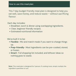 A Prep & Prosper informational page titled ‘How to use this meal plan.’ It explains that the 7-day budget-friendly plan helps save money and reduce waste, offering breakfast, lunch, and dinner with overlapping ingredients, beginner-friendly recipes, and estimated nutrition. The page highlights flexibility, prep-friendliness, and a smart shopping list. A note at the bottom clarifies it’s designed for one person and suggests multiplying quantities for more servings.