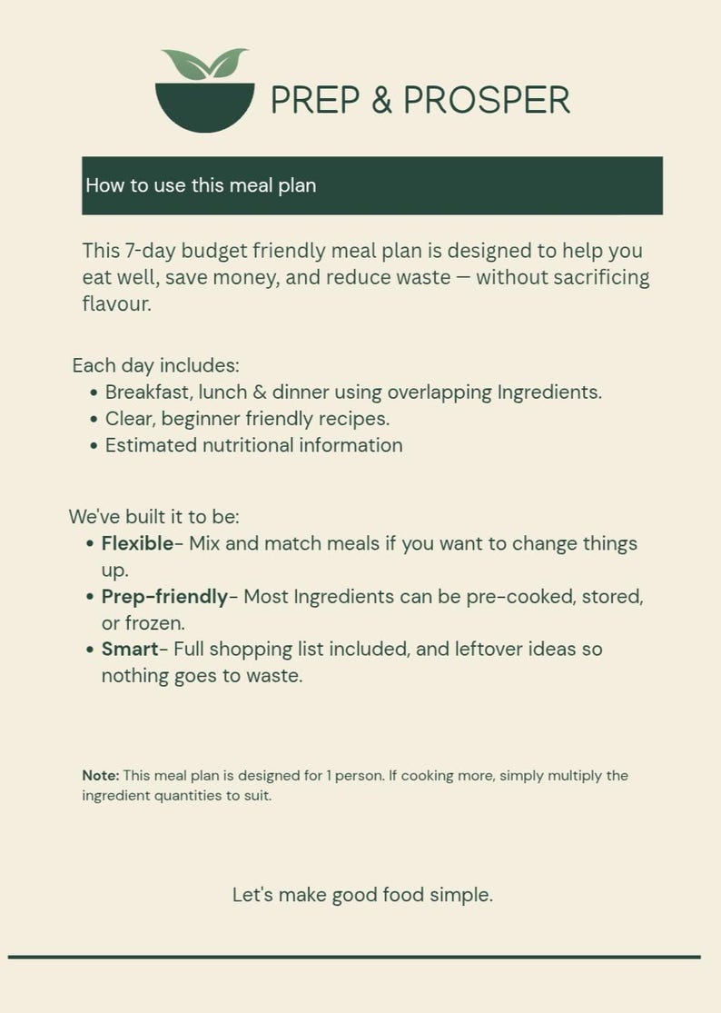 A Prep & Prosper informational page titled ‘How to use this meal plan.’ It explains that the 7-day budget-friendly plan helps save money and reduce waste, offering breakfast, lunch, and dinner with overlapping ingredients, beginner-friendly recipes, and estimated nutrition. The page highlights flexibility, prep-friendliness, and a smart shopping list. A note at the bottom clarifies it’s designed for one person and suggests multiplying quantities for more servings.