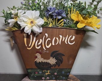 Welcome Metal Door Hanger with Painted Chicken and Floral Arrangement