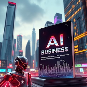 May include: A book cover with the title "AI Business" in red text on a black background. The cover features a graphic of a city skyline with red and white lines. The text "Top fasereens ding protues tht sther ardinesions with bysinters foring thesiness cunesttack." is printed below the title.