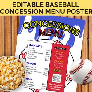 May include: A baseball concession menu poster with a wooden background. The poster features a menu with main eats, treats, and drinks, along with combo deals. A bowl of popcorn and a baseball are also in the image.