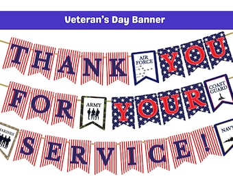 Puede incluir: Una pancarta patriótica del Día de los Veteranos con banderines rojos, blancos y azules. La pancarta dice "THANK YOU FOR YOUR SERVICE!" con cada palabra en un banderín separado. También se incluyen insignias de las ramas militares.