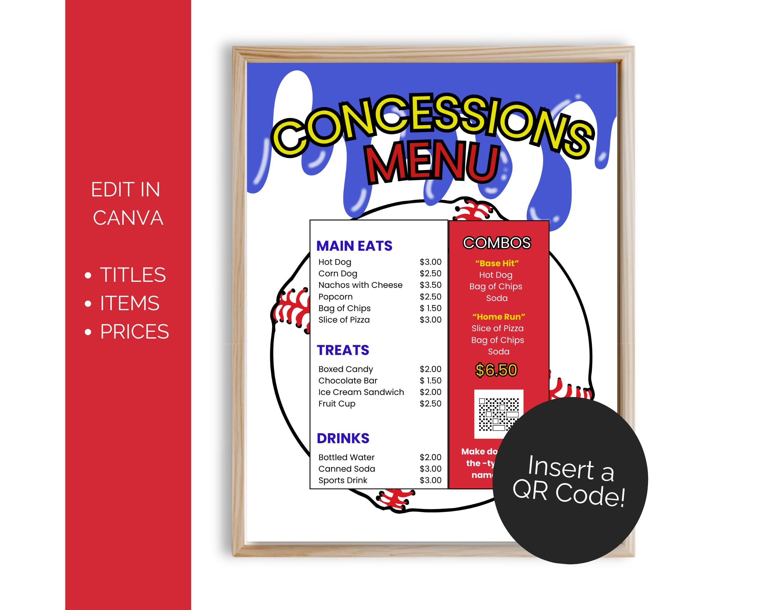 Editable Drip Baseball Concession Menu Template, Game Day Menu, Food ...