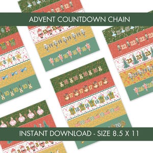 Puede incluir: Cadena de cuenta regresiva de Adviento con ilustraciones y números coloridos. El diseño incluye elementos festivos como estrellas, regalos y bailarinas. El texto "ADVENT COUNTDOWN CHAIN" y "INSTANT DOWNLOAD - SIZE 8.5 X 11" son visibles.