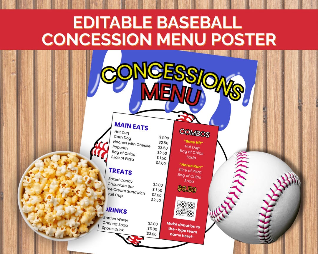 Editable Drip Baseball Concession Menu Template, Game Day Menu, Food ...