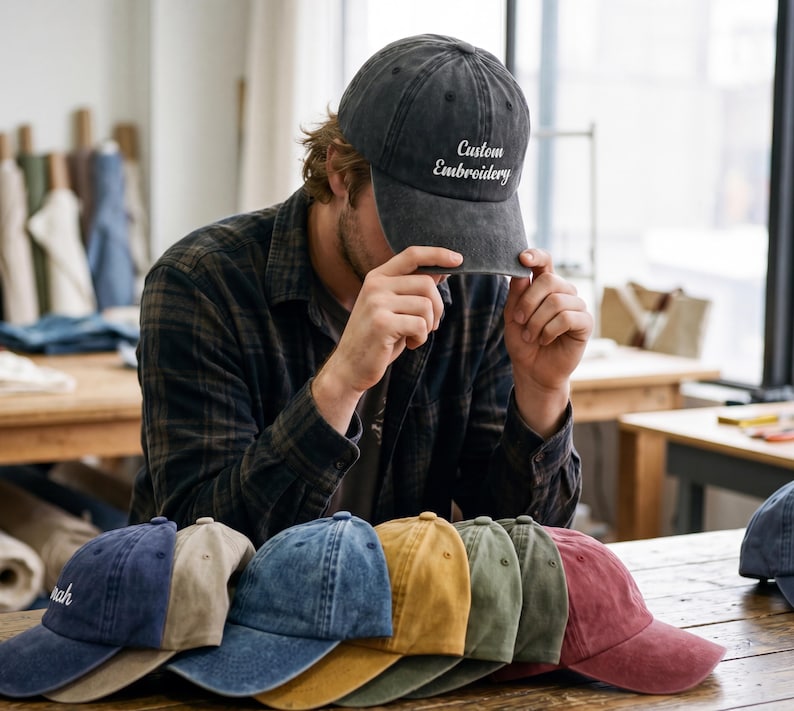 May include: A collection of baseball caps in various colors, including navy, tan, denim, mustard, olive, and burgundy. One cap is held up, displaying the text "Custom Embroidery". Another cap has the name "nah" embroidered on it.