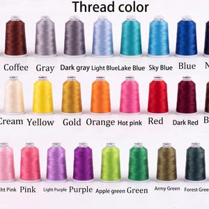 May include: A color chart of thread spools in various colors, including khaki, coffee, gray, and navy. The text "Thread color" is at the top, with color names like "Hot pink" and "Army Green" below the spools. The image is well-lit.