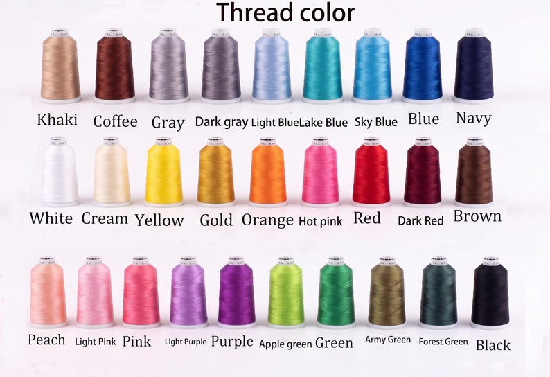 May include: A color chart of thread spools in various colors, including khaki, coffee, gray, and navy. The text "Thread color" is at the top, with color names like "Hot pink" and "Army Green" below the spools. The image is well-lit.