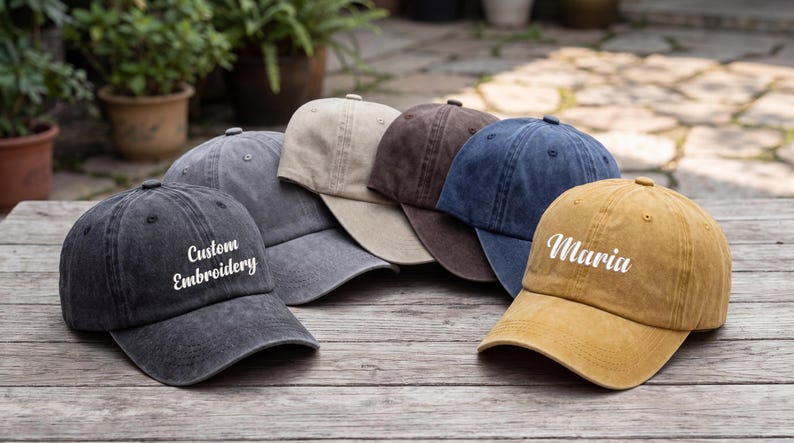 May include: A collection of six baseball caps in various colors, including gray, tan, brown, and blue, arranged on a wooden surface. One cap features the text "Custom Embroidery," and another displays the name "Maria."