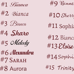 May include: A list of fifteen names in a dark red script font, each preceded by a number. Names include Bianca, Sharo, Melody, Alexandra, SARAH, Aurora, Sherry, Sophia, Eloise, Sophie, and Trinity, set against a light pink background.