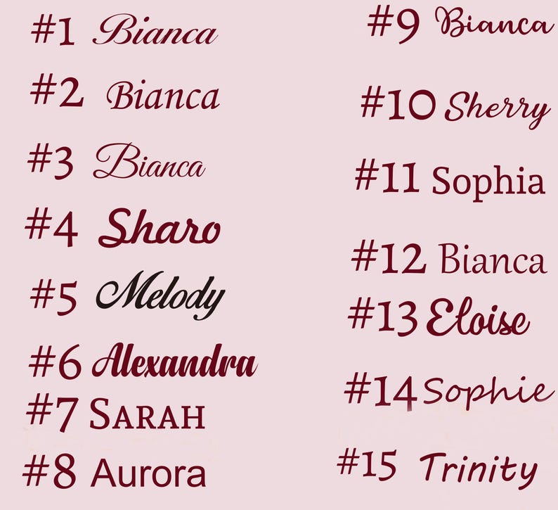 May include: A list of fifteen names in a dark red script font, each preceded by a number. Names include Bianca, Sharo, Melody, Alexandra, SARAH, Aurora, Sherry, Sophia, Eloise, Sophie, and Trinity, set against a light pink background.