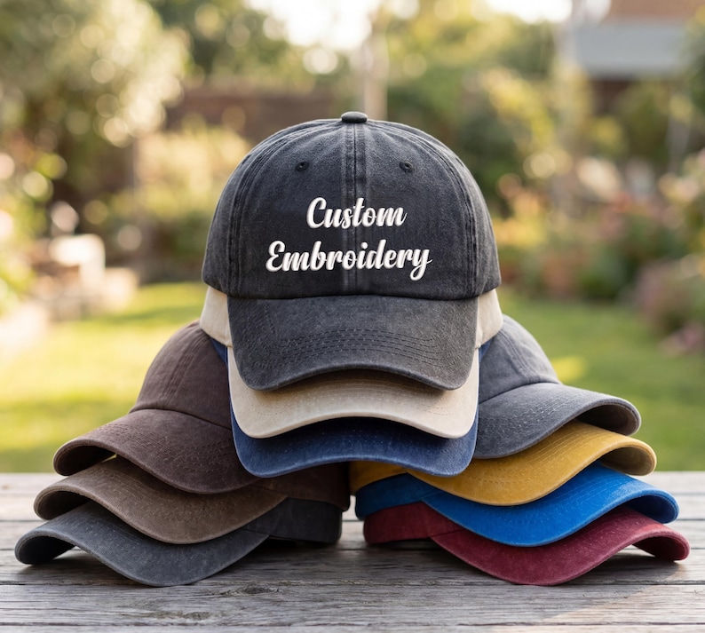 May include: A stack of baseball caps in various colors, including black, brown, beige, blue, yellow, and burgundy. The top cap is black with the words "Custom Embroidery" embroidered in white.