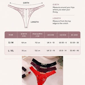 May include: A custom thong size chart with a diagram showing girth and length measurements. A table lists sizes S/M and L/XL with corresponding measurements in cm and international sizes. Three lace thongs in black, maroon, and red feature names.