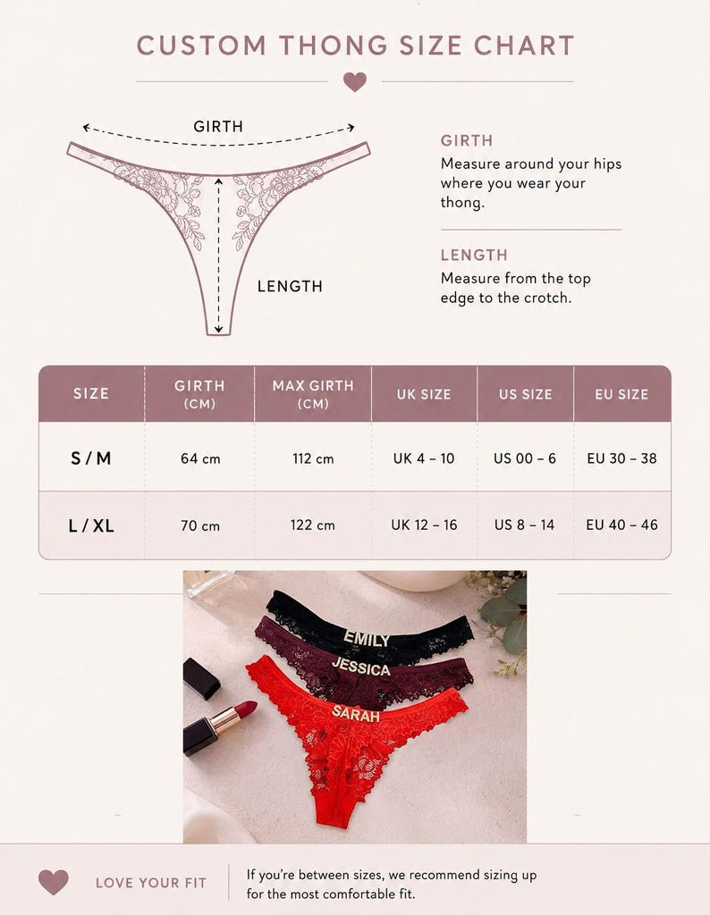 May include: A custom thong size chart with a diagram showing girth and length measurements. A table lists sizes S/M and L/XL with corresponding measurements in cm and international sizes. Three lace thongs in black, maroon, and red feature names.