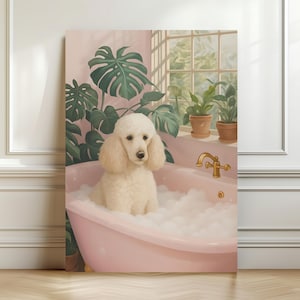 Poedel in bad | Grappige hond badkamer muurkunst | Schattige dierenprint voor hondenliefhebbers | Trimdecoratie | Boho-soho-afdruk
