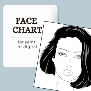 Pode incluir: Ilustração a preto e branco de um rosto feminino com cabelo curto e traços detalhados, num face chart. O texto "FACE CHART" está em castanho escuro, com "for print or digital" por baixo.
