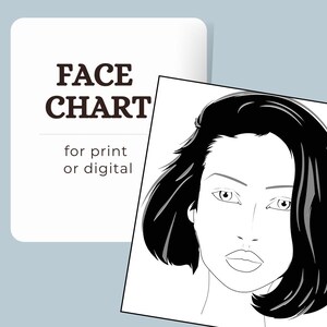 Pode incluir: Ilustração a preto e branco de um gráfico de rosto com o texto "FACE CHART" e "for print or digital". A ilustração apresenta o rosto de uma mulher com cabelo curto e escuro. A imagem está em fundo branco.