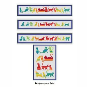 May include: A cross-stitch pattern featuring a variety of colorful cats in different poses. The pattern is titled "Temperature Pets".