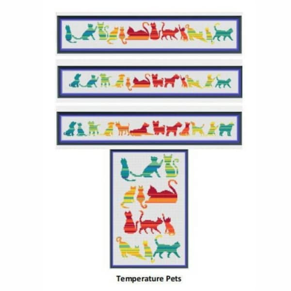 Tabela temperatur zwierząt domowych. Wzór do haftu krzyżykowego. Koty i psy mają długość 40x300-380, prostokąt ma 90x150 oczek.