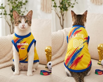 Custom Colombia Pet Jersey, Personalized Soccer Outfit for Dogs Cats, World Cup Pet Mess Jersey Name Number Sportswear Pet Football Shirt