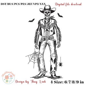 Cowboy Skeleton Halloween Embroidery Design | Western Skeleton Machine Embroidery File | Halloween Ghost Embroidery  - Instant download