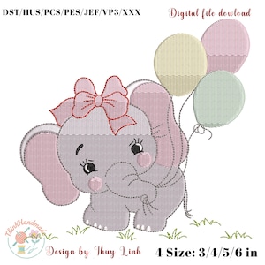 Baby Elephant with Balloons Embroidery Design | Jungle Safari Animal | Kids Machine Embroidery File | Nursery Animal | Baby Shower Gift