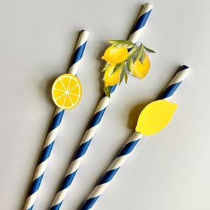 May include: Three paper straws with blue and white stripes, each adorned with a lemon-themed embellishment. One straw features a lemon slice, another a lemon, and the third a cluster of lemons with green leaves. The straws are designed for beverages.