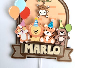 Party Animal Cake Topper | Custom Name & Age | Safari Birthday Cake Topper | Jungle Animals with Party Hat | First Birthday Decor | Any Age